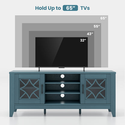 Farmhouse TV Console with Glass Doors and Adjustable Shelves for TVs up to 65 Inches in Teal Blue