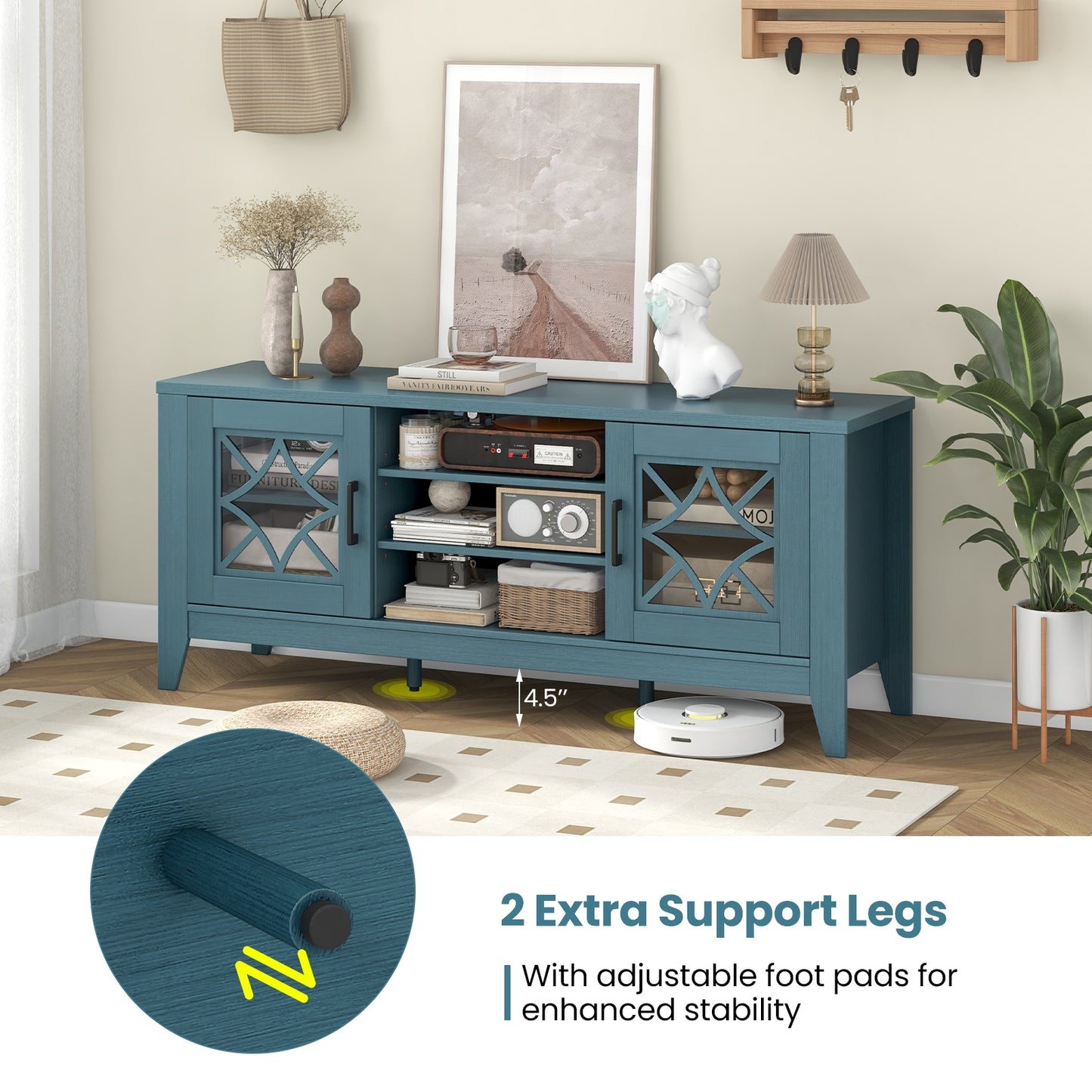 Farmhouse TV Console with Glass Doors and Adjustable Shelves for TVs up to 65 Inches in Teal Blue