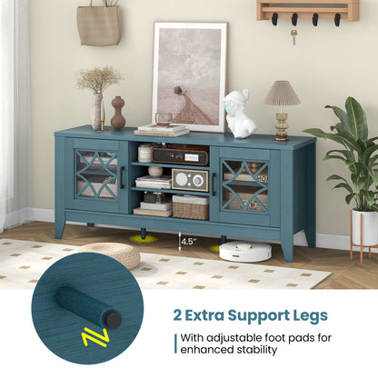 Farmhouse TV Console with Glass Doors and Adjustable Shelves for TVs up to 65 Inches in Teal Blue