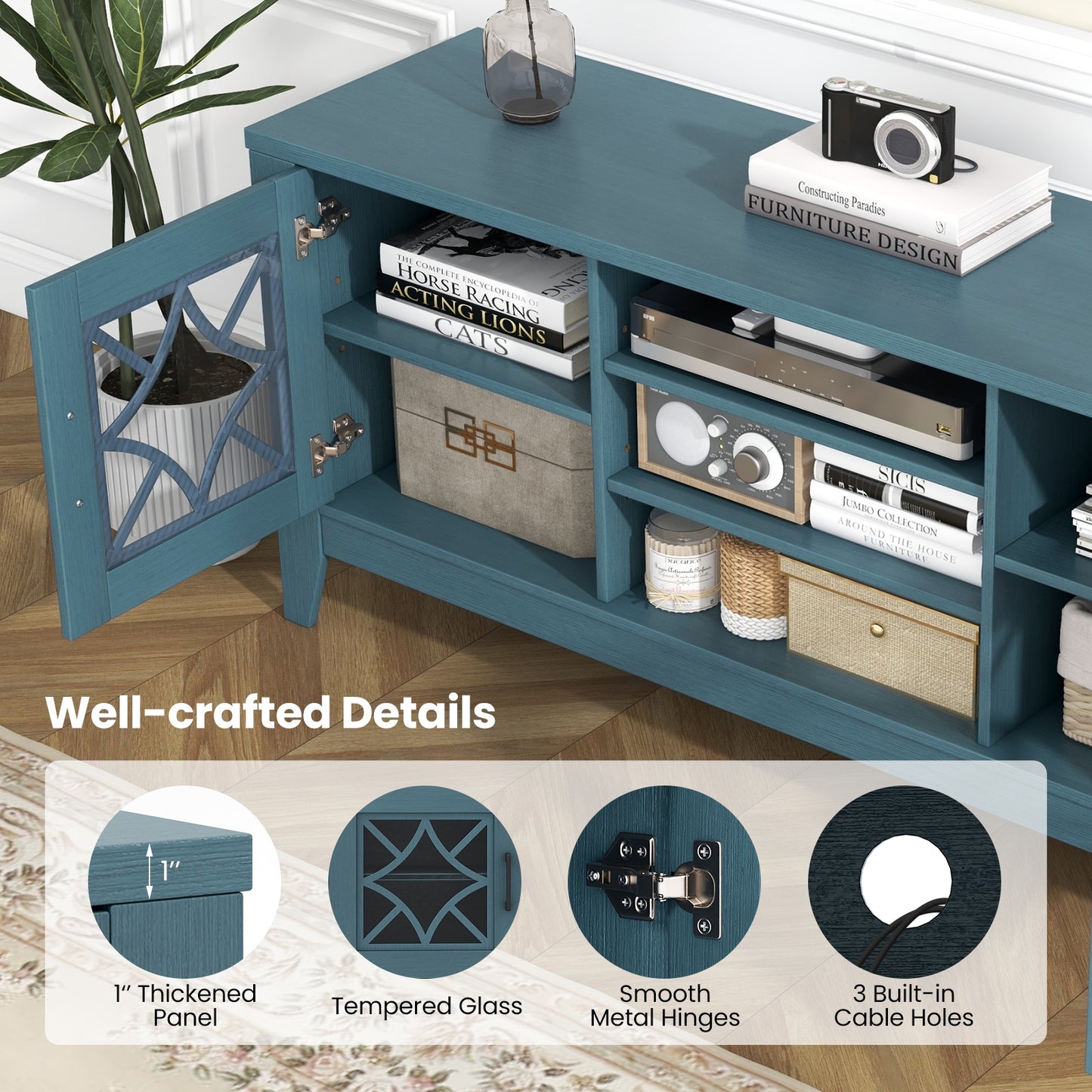 Farmhouse TV Console with Glass Doors and Adjustable Shelves for TVs up to 65 Inches in Teal Blue