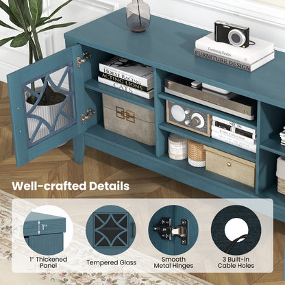 Farmhouse TV Console with Glass Doors and Adjustable Shelves for TVs up to 65 Inches in Teal Blue