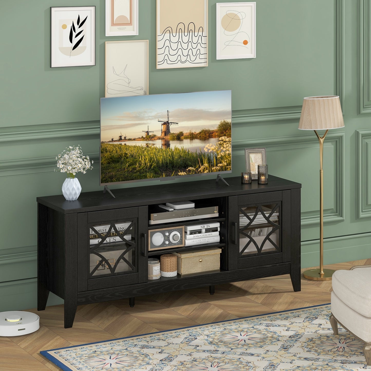 Farmhouse TV Console with Glass Doors and Adjustable Shelves for TVs up to 65 Inches in Black