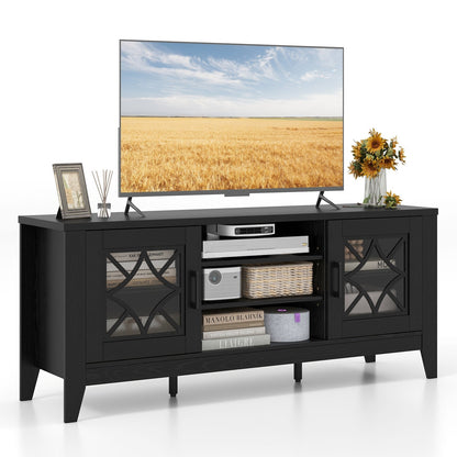 Farmhouse TV Console with Glass Doors and Adjustable Shelves for TVs up to 65 Inches in Black
