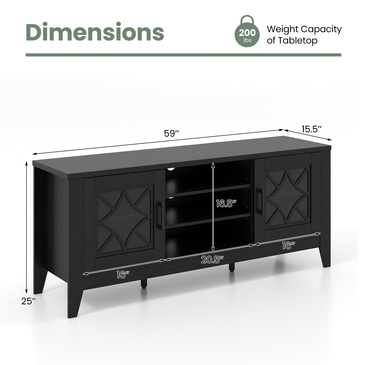 Farmhouse TV Console with Glass Doors and Adjustable Shelves for TVs up to 65 Inches in Black