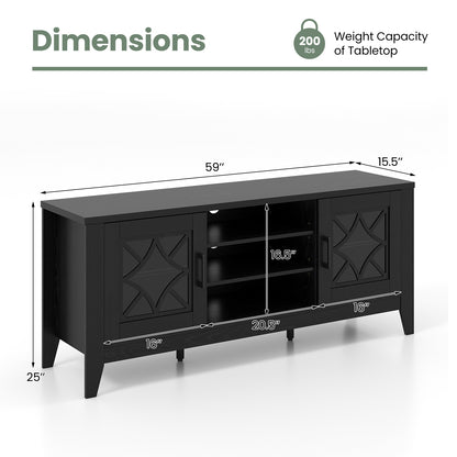 Farmhouse TV Console with Glass Doors and Adjustable Shelves for TVs up to 65 Inches in Black