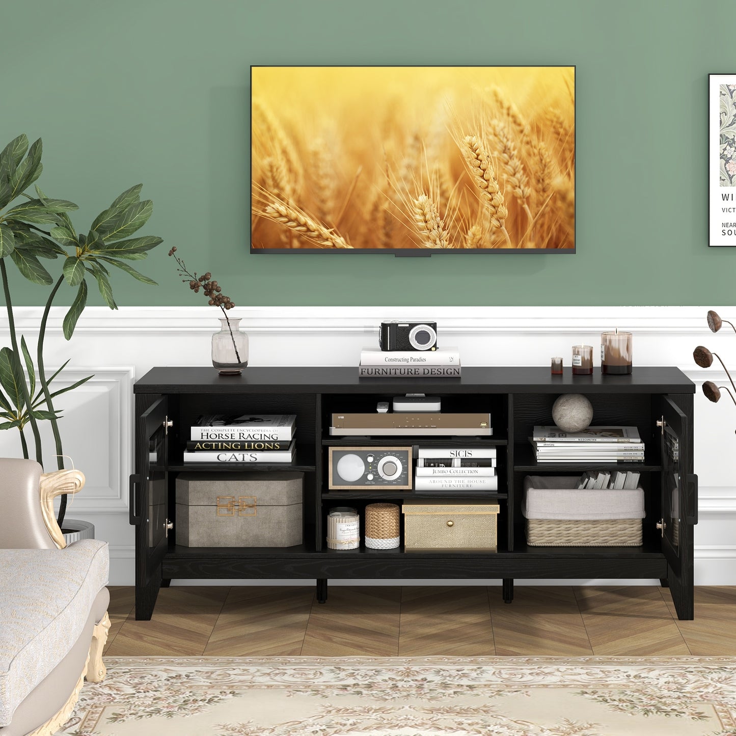 Farmhouse TV Console with Glass Doors and Adjustable Shelves for TVs up to 65 Inches in Black