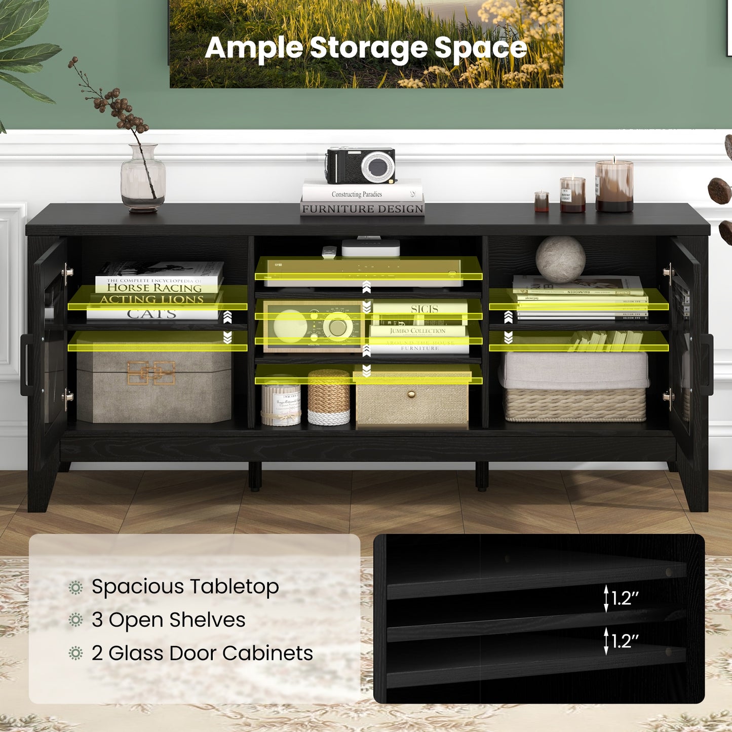 Farmhouse TV Console with Glass Doors and Adjustable Shelves for TVs up to 65 Inches in Black