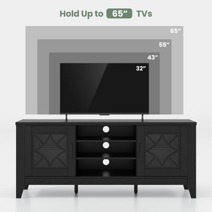 Farmhouse TV Console with Glass Doors and Adjustable Shelves for TVs up to 65 Inches in Black