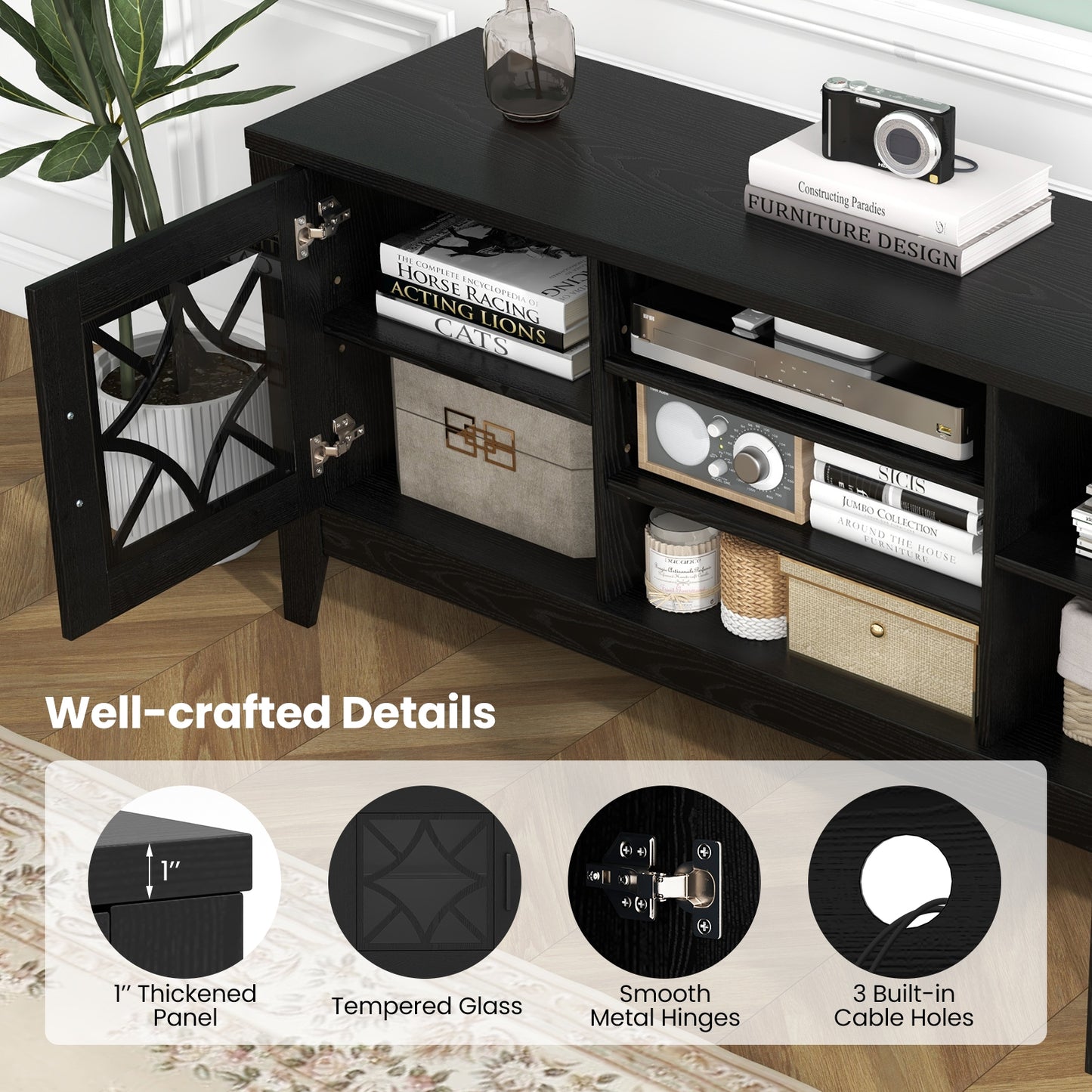 Farmhouse TV Console with Glass Doors and Adjustable Shelves for TVs up to 65 Inches in Black