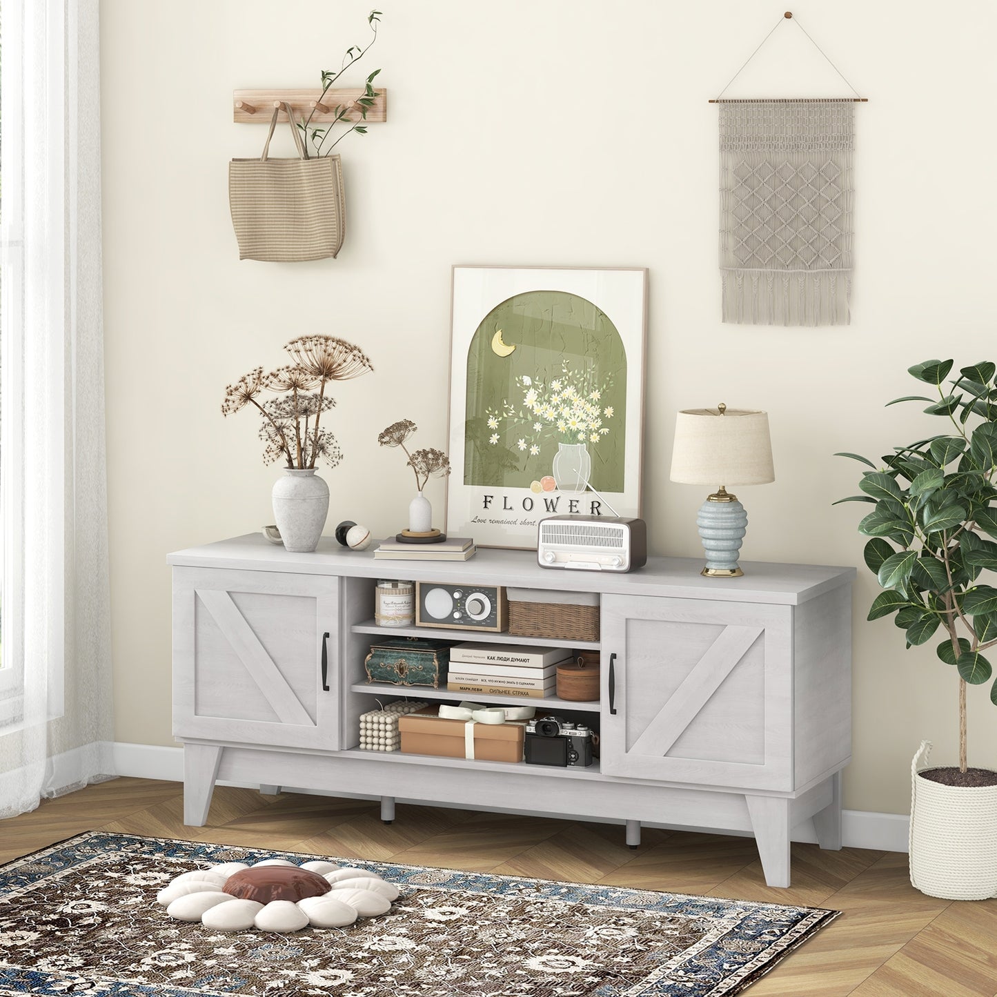 Rustic Farmhouse TV Console with Barn Doors and Adjustable Storage for TVs up to 65 Inches