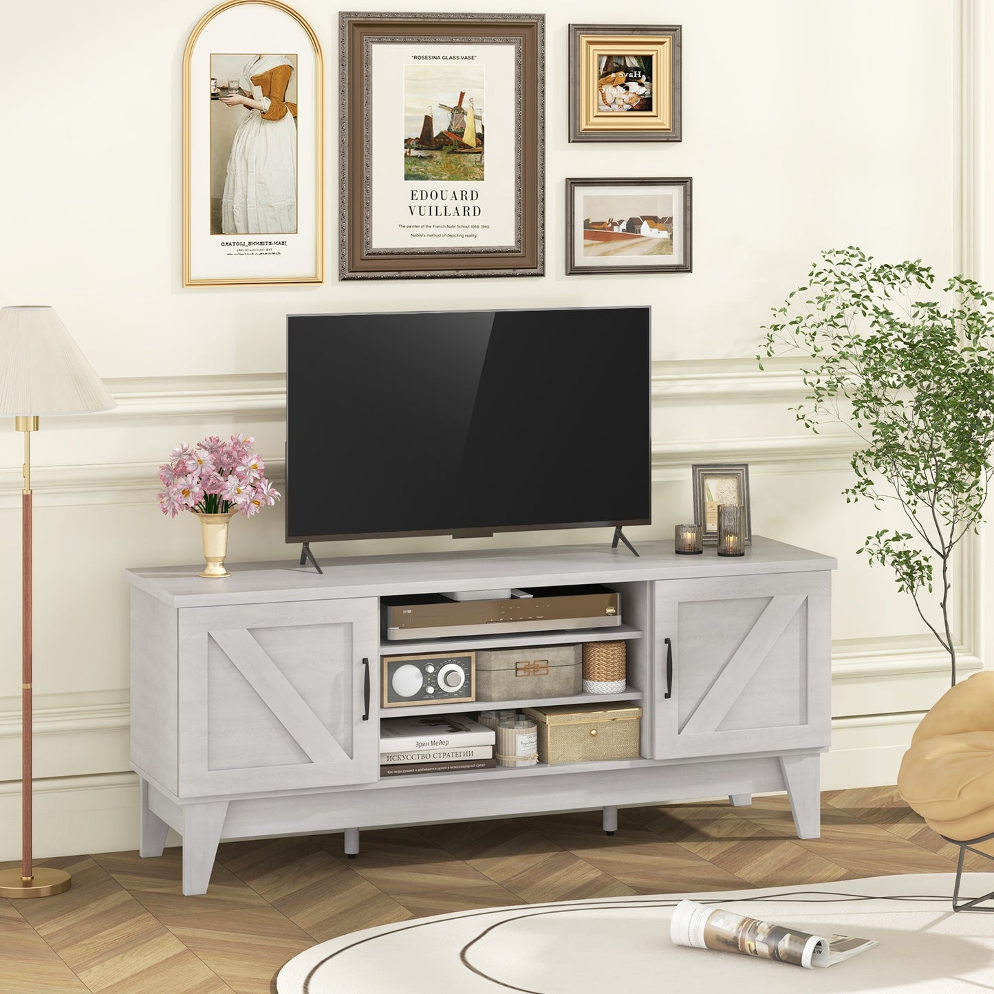 Rustic Farmhouse TV Console with Barn Doors and Adjustable Storage for TVs up to 65 Inches