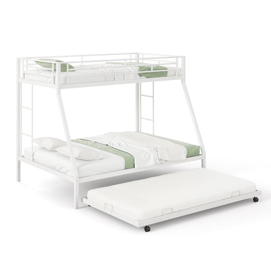 Modern Twin Over Full Bunk Bed with Trundle for Bedrooms and Guest Rooms - White