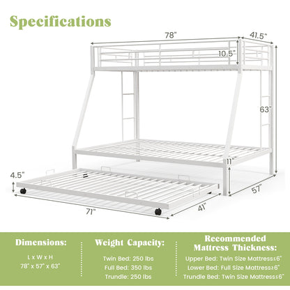 Modern Twin Over Full Bunk Bed with Trundle for Bedrooms and Guest Rooms - White