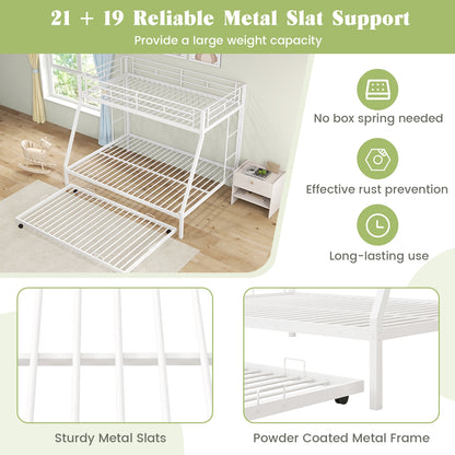 Modern Twin Over Full Bunk Bed with Trundle for Bedrooms and Guest Rooms - White