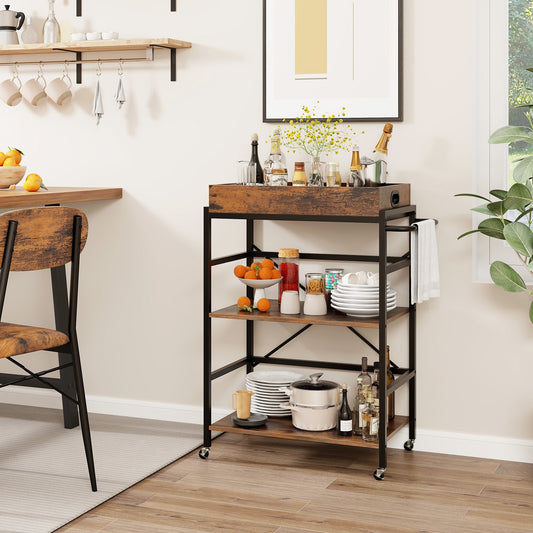 Rolling 3 Tier Bar Cart with Removable Serving Tray Metal Frame and Wood Shelves for Kitchen and Dining