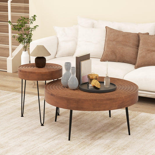 Solid Wood Round Coffee Tables Set of 2 with Ripple Design and Metal Legs, Brown Finish