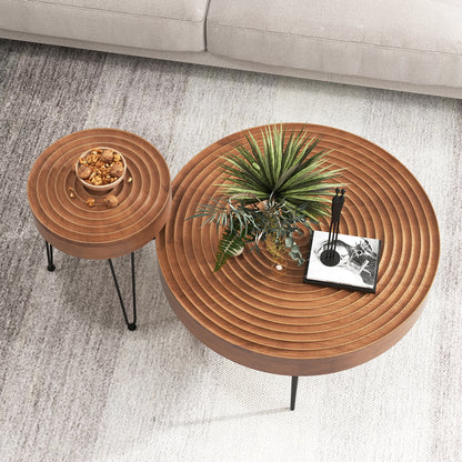 Solid Wood Round Coffee Tables Set of 2 with Ripple Design and Metal Legs, Brown Finish