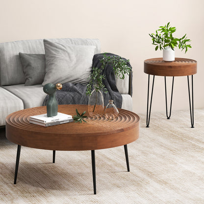 Solid Wood Round Coffee Tables Set of 2 with Ripple Design and Metal Legs, Brown Finish