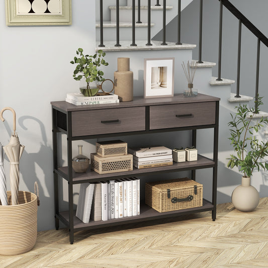 Entryway Console Table with Open Shelves and Folding Fabric Drawers - Grey
