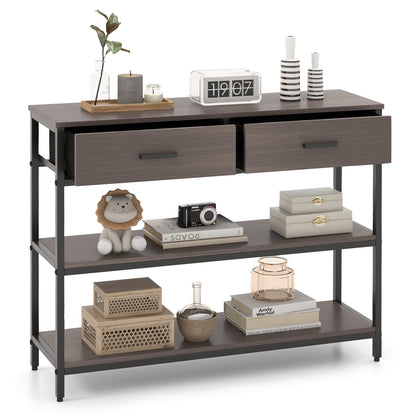 Entryway Console Table with Open Shelves and Folding Fabric Drawers - Grey