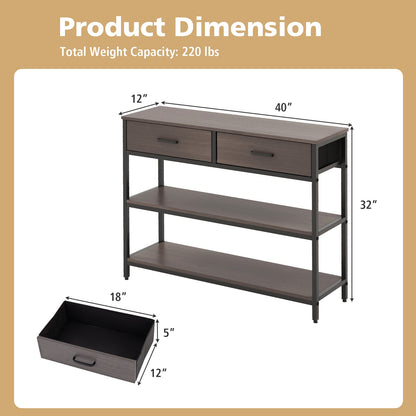 Entryway Console Table with Open Shelves and Folding Fabric Drawers - Grey