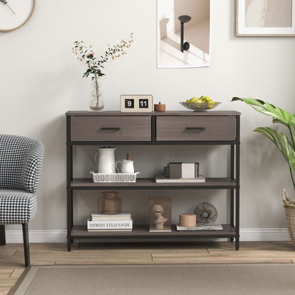 Entryway Console Table with Open Shelves and Folding Fabric Drawers - Grey