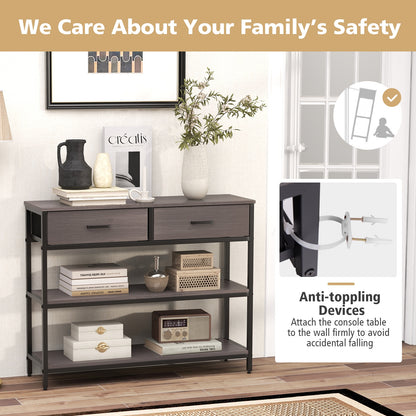 Entryway Console Table with Open Shelves and Folding Fabric Drawers - Grey