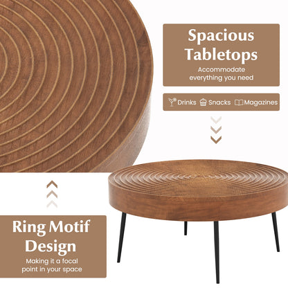 Solid Wood Round Coffee Tables Set of 2 with Ripple Design and Metal Legs, Brown Finish