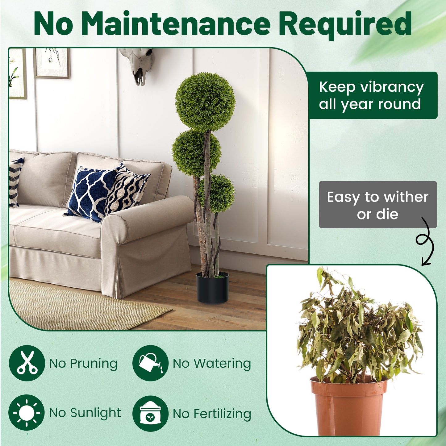 4 FT Triple Ball Artificial Boxwood Topiary Tree in Cement Weighted Pot