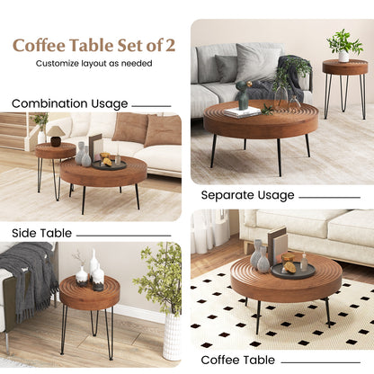 Solid Wood Round Coffee Tables Set of 2 with Ripple Design and Metal Legs, Brown Finish