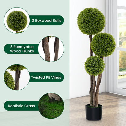 4 FT Triple Ball Artificial Boxwood Topiary Tree in Cement Weighted Pot