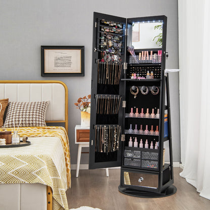 360° Swivel Lockable Jewelry Armoire with LED Lights and Full-Length Mirror – Black