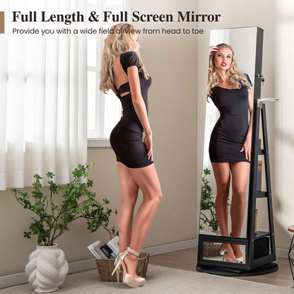 360° Swivel Lockable Jewelry Armoire with LED Lights and Full-Length Mirror – Black