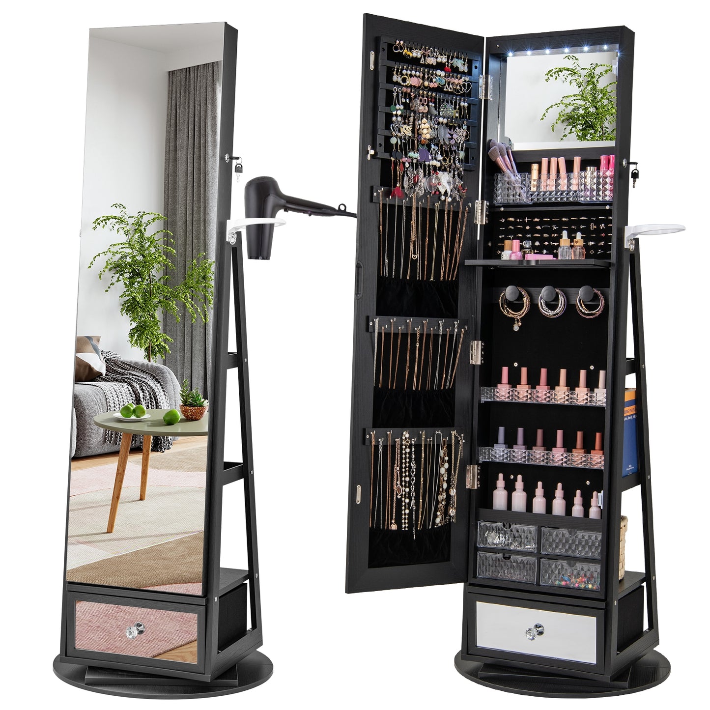 360° Swivel Lockable Jewelry Armoire with LED Lights and Full-Length Mirror – Black