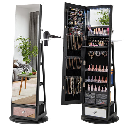 360° Swivel Lockable Jewelry Armoire with LED Lights and Full-Length Mirror – Black