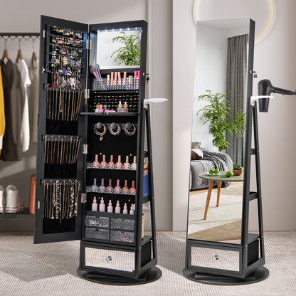 360° Swivel Lockable Jewelry Armoire with LED Lights and Full-Length Mirror – Black
