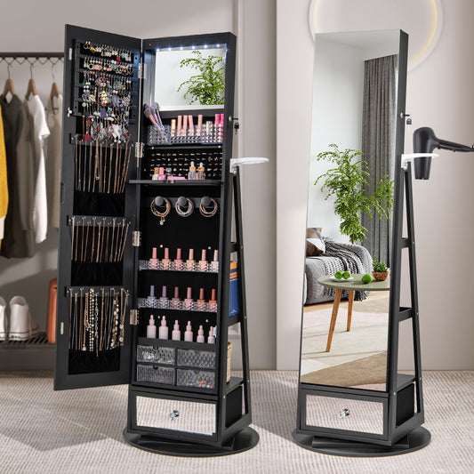 360° Swivel Lockable Jewelry Armoire with LED Lights and Full-Length Mirror – Black