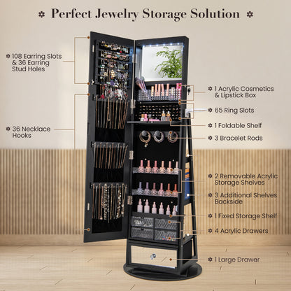 360° Swivel Lockable Jewelry Armoire with LED Lights and Full-Length Mirror – Black