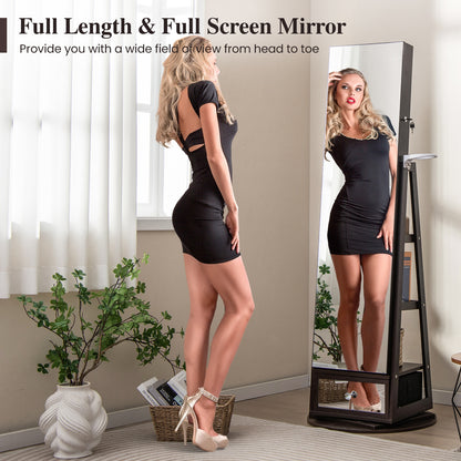 360° Swivel Lockable Jewelry Armoire with LED Lights and Full-Length Mirror – Dark Brown