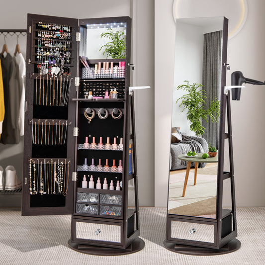 360° Swivel Lockable Jewelry Armoire with LED Lights and Full-Length Mirror – Dark Brown