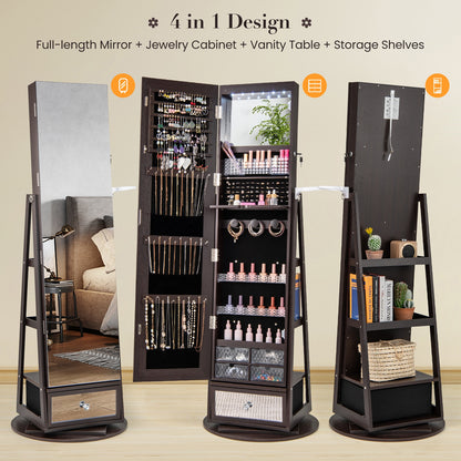 360° Swivel Lockable Jewelry Armoire with LED Lights and Full-Length Mirror – Dark Brown