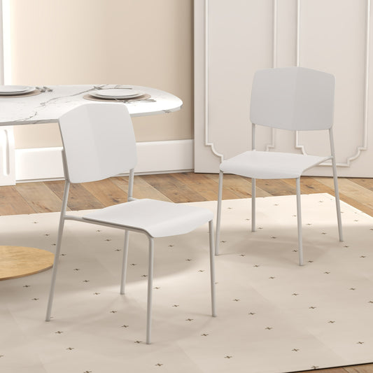 Ergonomic Plastic Dining Chairs with Metal Legs and Curved Backrest - White, Set of 2