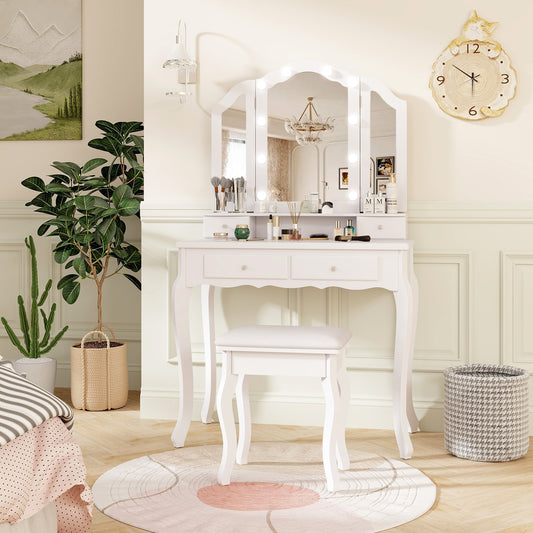 Makeup Vanity Table Set with Tri-Folding LED Mirror, Cushioned Stool and Storage Drawers – White