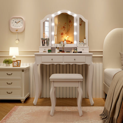 Makeup Vanity Table Set with Tri-Folding LED Mirror, Cushioned Stool and Storage Drawers – White