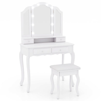 Makeup Vanity Table Set with Tri-Folding LED Mirror, Cushioned Stool and Storage Drawers – White
