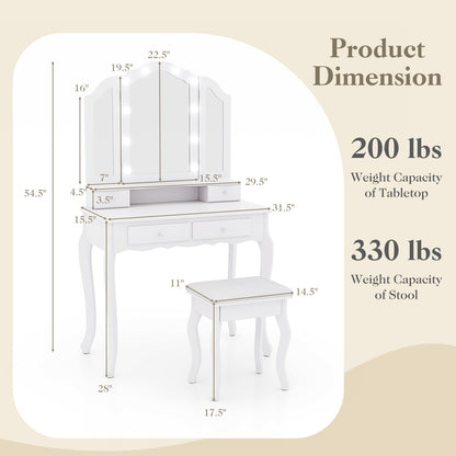 Makeup Vanity Table Set with Tri-Folding LED Mirror, Cushioned Stool and Storage Drawers – White