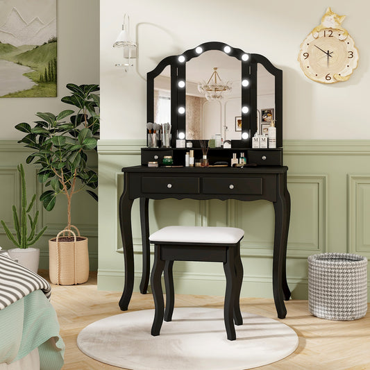 Makeup Vanity Table Set with Tri-Folding LED Mirror, Cushioned Stool and Storage Drawers – Black