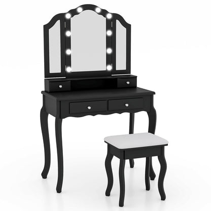 Makeup Vanity Table Set with Tri-Folding LED Mirror, Cushioned Stool and Storage Drawers – Black