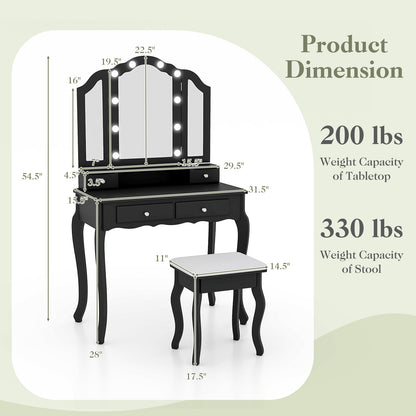 Makeup Vanity Table Set with Tri-Folding LED Mirror, Cushioned Stool and Storage Drawers – Black