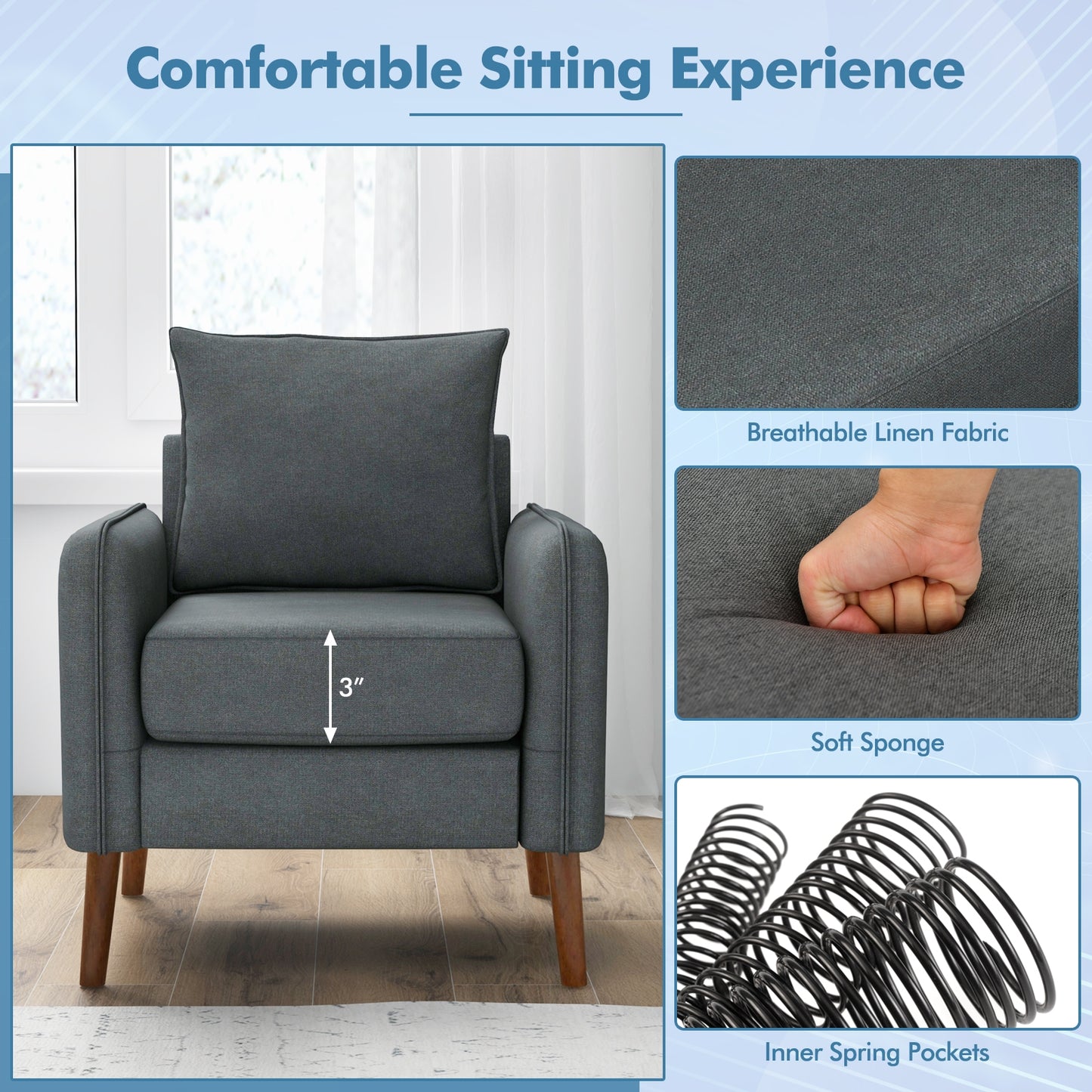 Soft Fabric Upholstered Accent Chair with Removable Cushions